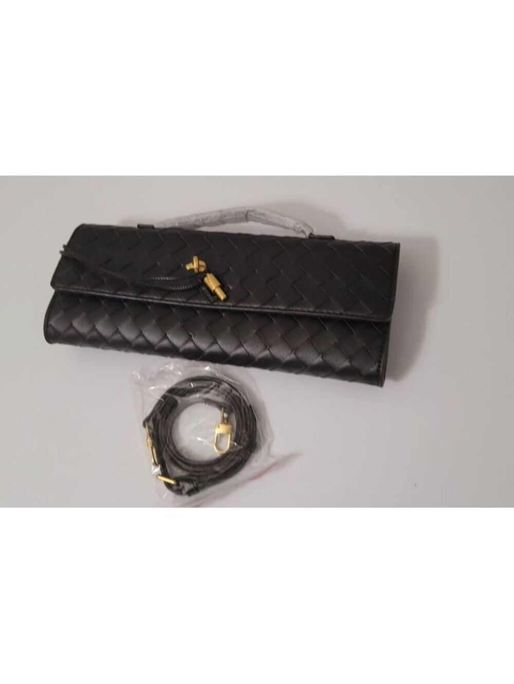 Black Woven Leather Clutch Gold-Tone Knit Closure Women's Purse Handbag